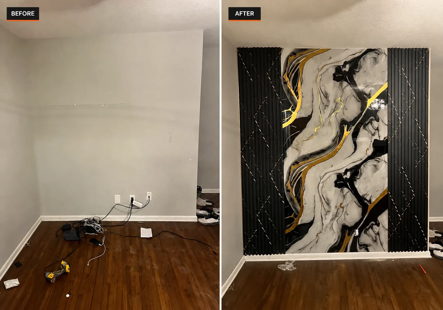 Before and after comparison of a black, gold and marble feature wall