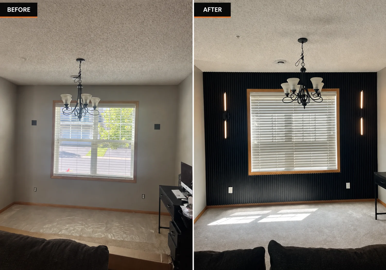 Before and after comparison of black wall panels and integrated LED lighting around a window