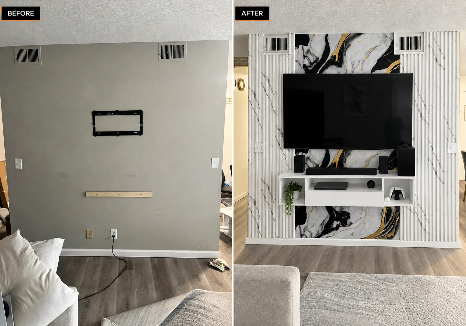 Before and after comparison of a white fluted media wall with marble accents