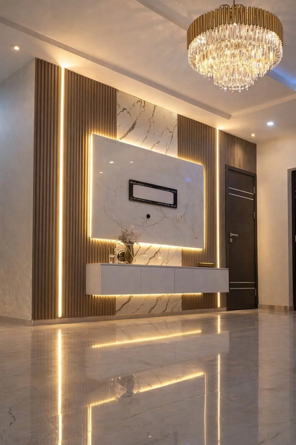 Brown wall panels and marble media wall with integrated LED lighting