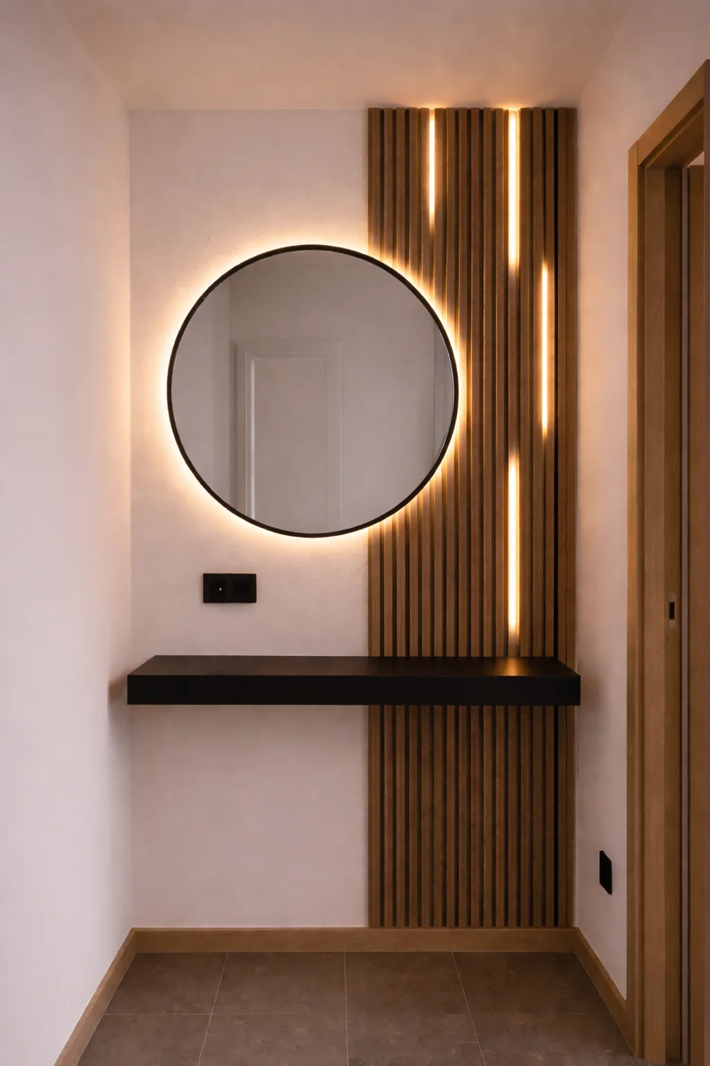 Round mirror framed by brown WPC panels and LED lighting