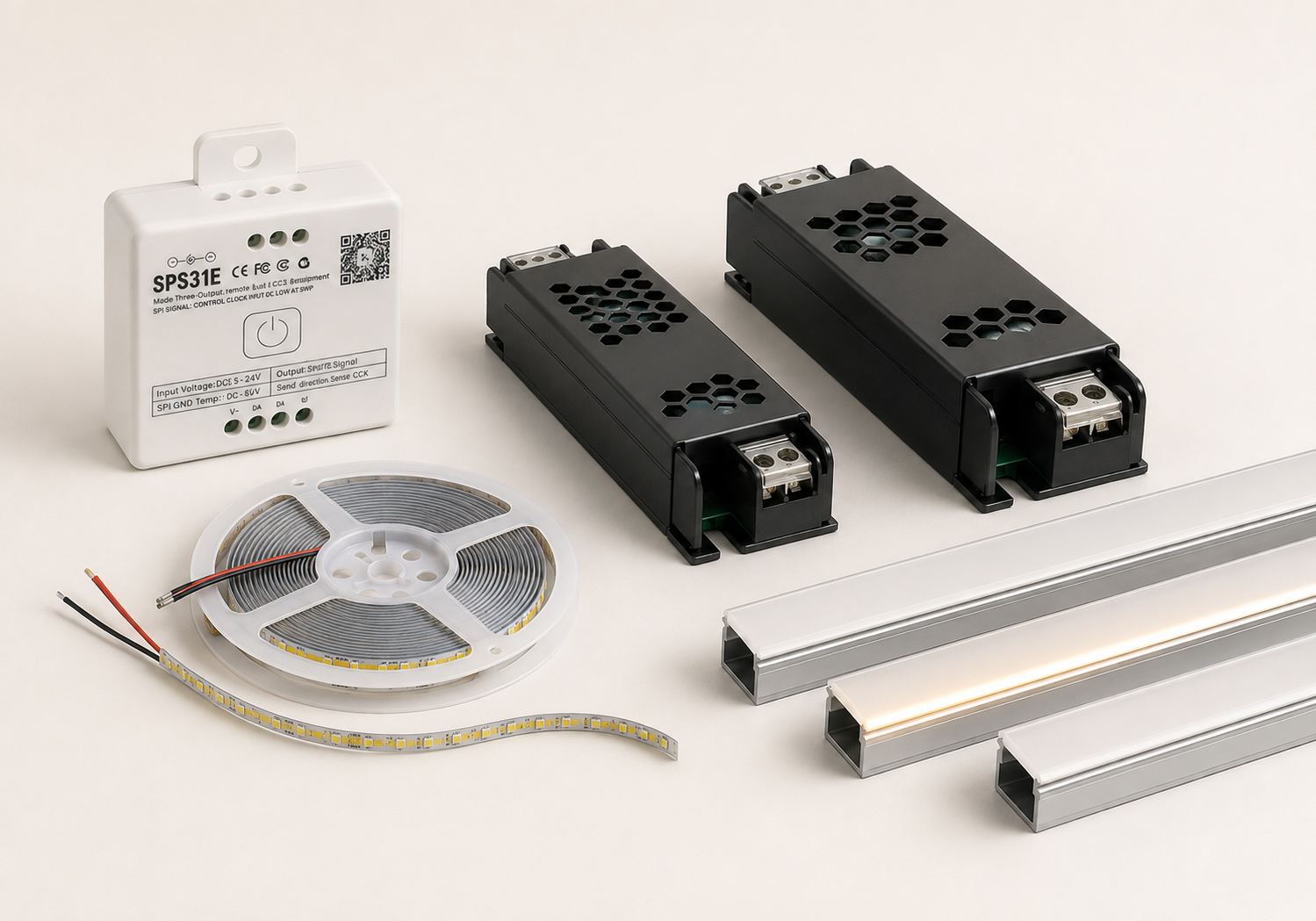 LED lighting strips, controllers, power supplies and aluminum channels